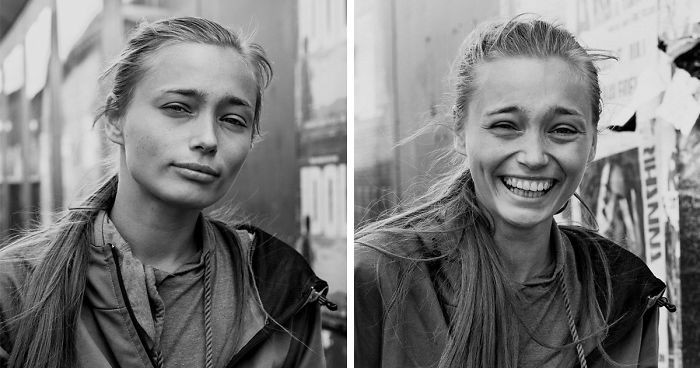 Przed i po – oto jak zmieniły się portrety obcych ludzi po niespodziewanym buziaku od fotografa.