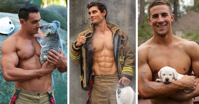 Australijscy strażacy charytatywnie pozują do zdjęć w towarzystwie uroczych zwierzaków.
