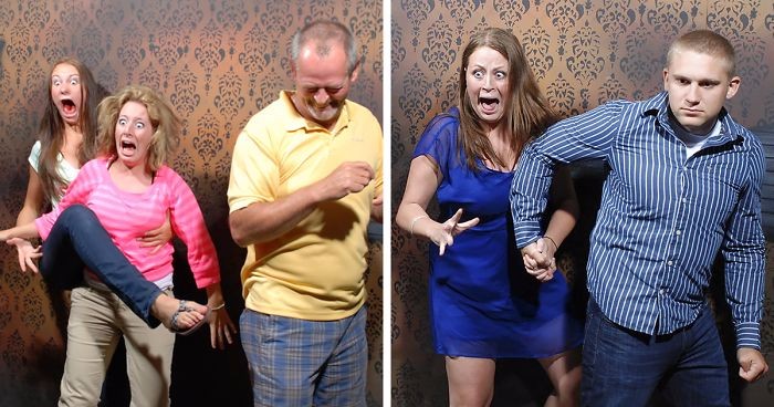 15 zabawnych zdjęć histerycznych reakcji ofiar najbardziej przeraźliwych pułapek w domu strachów.