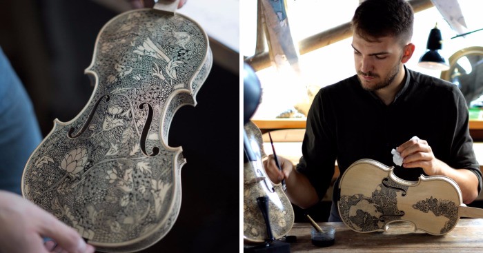 Londyński artysta od 3 lat ozdabia skrzypce, przemieniając każdy instrument w unikatowe dzieło sztuki.