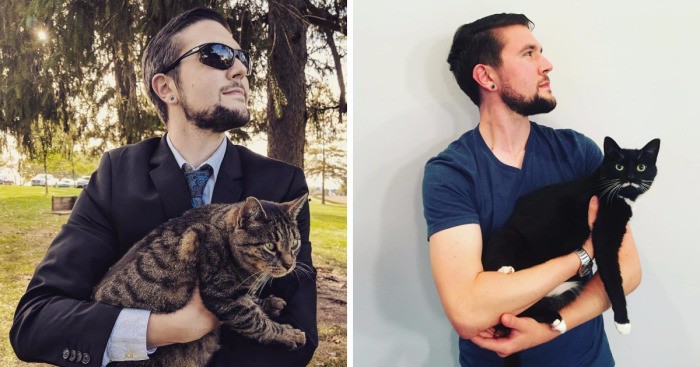 Poznajcie Nicka – kolekcjonera fotografii, który pozuje do zdjęć w towarzystwie napotkanych kotów.