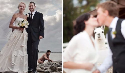 15 ślubnych fotografii, które niespodziewanie zakłócili przypadkowi uczestnicy sesji zdjęciowych.