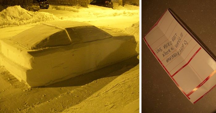 Kanadyjscy policjanci wystawili mandat nieprawidłowo zaparkowanemu samochodowi ze śniegu.