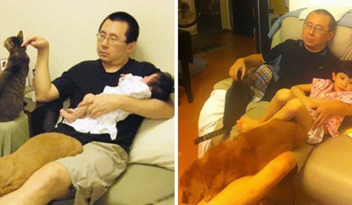 Ojciec, córka i zwierzęta mieli robione to samo zdjęcie przez 10 lat – dziwne, jak mało rzeczy się zmieniło!