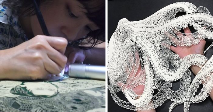 Japońska artystka w imponujący sposób ręcznie wycina ośmiornicę z pojedynczego arkusza papieru!