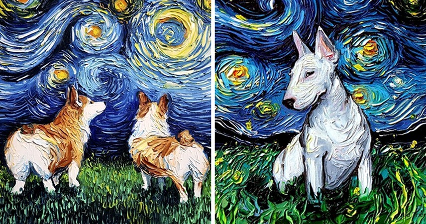 Artystka, której obraz pomylono z Van Goghiem, tworzy uroczą serię psów w „Gwiaździstej Nocy”!