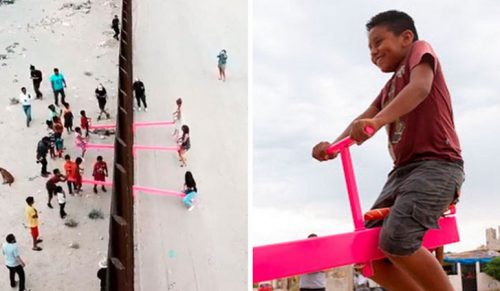 Dzieci z USA i Meksyku bawią się razem na huśtawkach zbudowanych na murze granicznym wbrew Trumpowi!