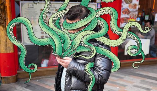 Artysta ilustruje ludzi wciągniętych w smartfony przez cyfrowe potwory!