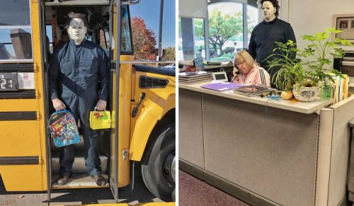 Nauczyciel przebrał się za Michaela Myersa z filmu „Halloween” i zrobił zabawnie przerażającą sesję zdjęciową!
