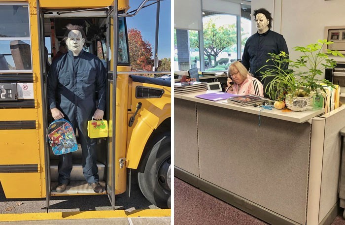 Nauczyciel przebrał się za Michaela Myersa z filmu „Halloween” i zrobił zabawnie przerażającą sesję zdjęciową!
