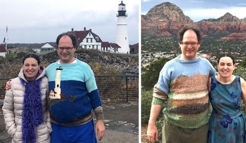 Kreatywny mężczyzna robi na drutach swetry z krajobrazami, a następnie nosi je w tych miejscach!