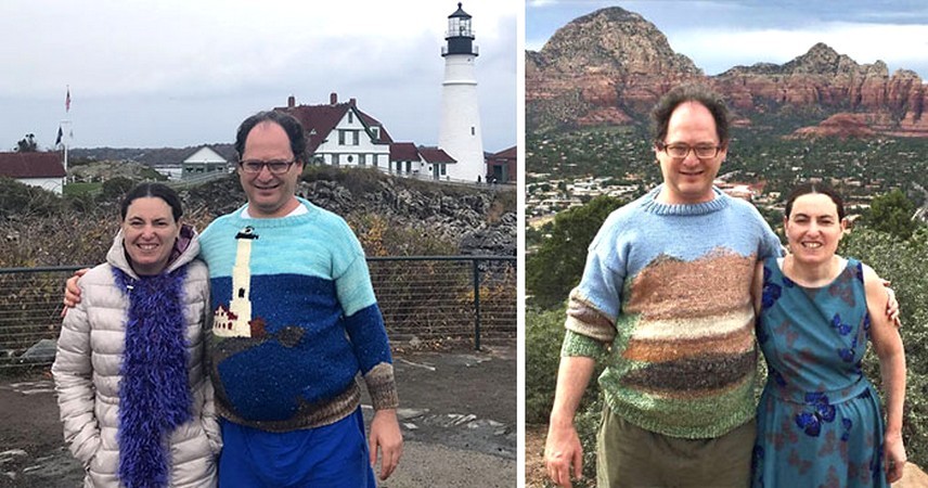 Kreatywny mężczyzna robi na drutach swetry z krajobrazami, a następnie nosi je w tych miejscach!