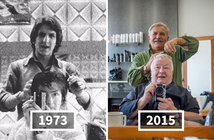 Mężczyzna robił selfie ze swoim fryzjerem w latach 70. i kontynuował tradycję przez 40 lat!