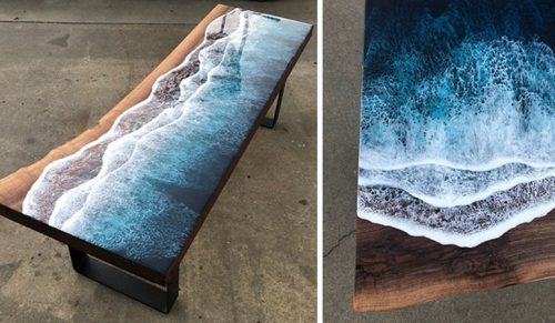 Ci artyści stworzyli hipnotyzujące stoły, które wyglądają, jakby były zmywane przez falę oceanu!