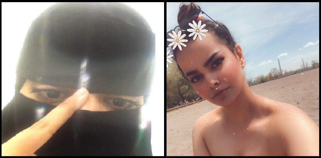 Zdjęcia dziewczyny z Arabii Saudyjskiej w nikabie i bez, która świętuje odzyskanie swojej wolności.