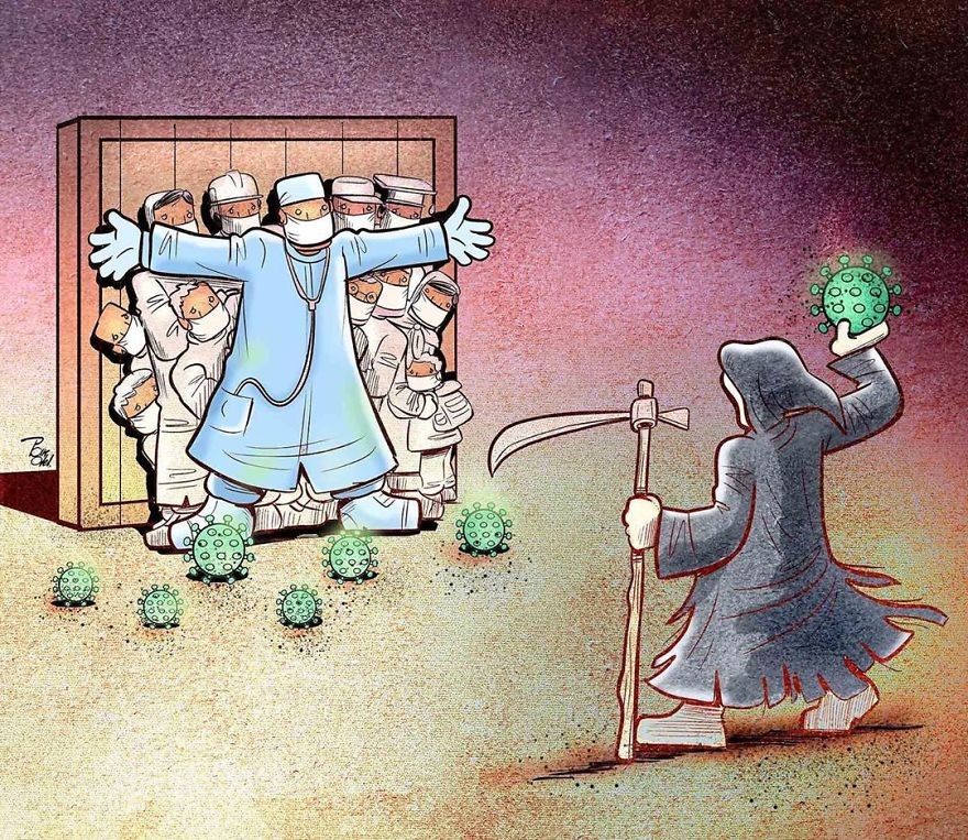 20 ilustracji irańskiego artysty pokazujących trudną rzeczywistość lekarzy podczas wybuchu epidemii Koronawirusa!