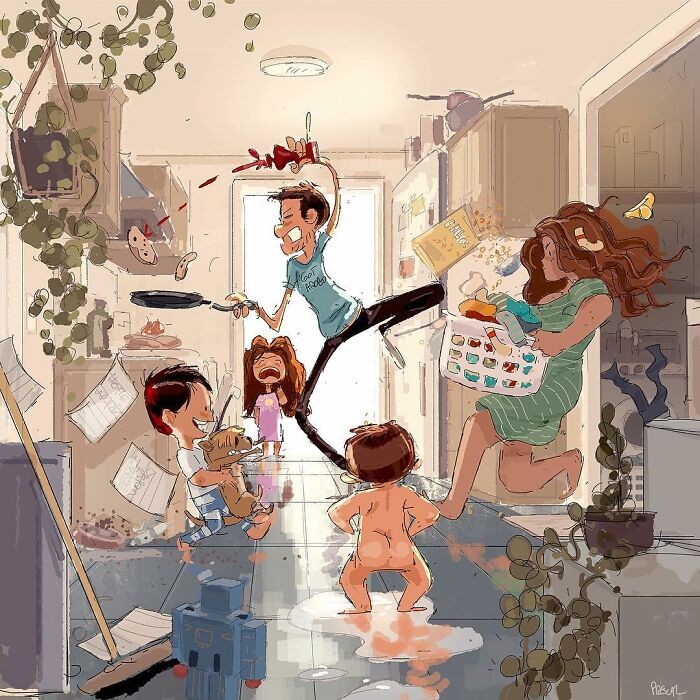 Mąż ilustruje idylliczne chwile życia codziennego z żoną i dziećmi!