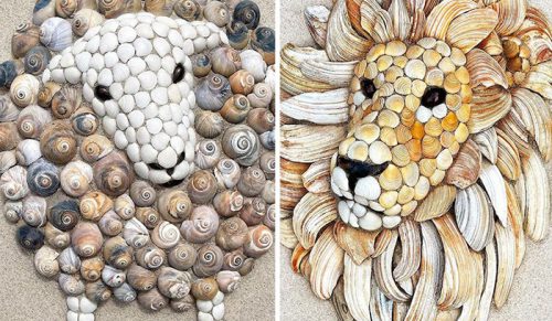 Ta artystka tworzy urzekające portrety zwierząt z muszelek znalezionych na plaży!