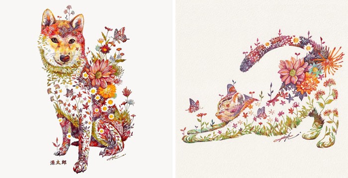 Japoński artysta przedstawia zwierzęta za pomocą akwarelowych kompozycji kwiatowych!