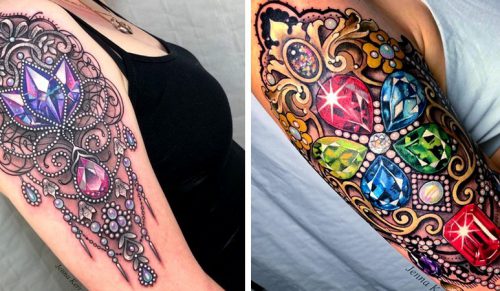 Artystka tworzy bardzo szczegółowe tatuaże, które wydają się błyszczeć na skórze!