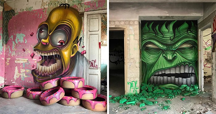 30 graffiti popularnych postaci wykonanych przez tego artystę w opuszczonych budynkach!
