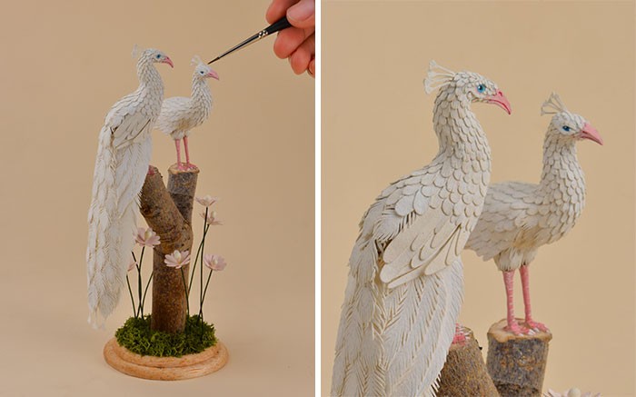 11 rzeźb ptaków wykonanych z małych, ręcznie wycinanych piór!