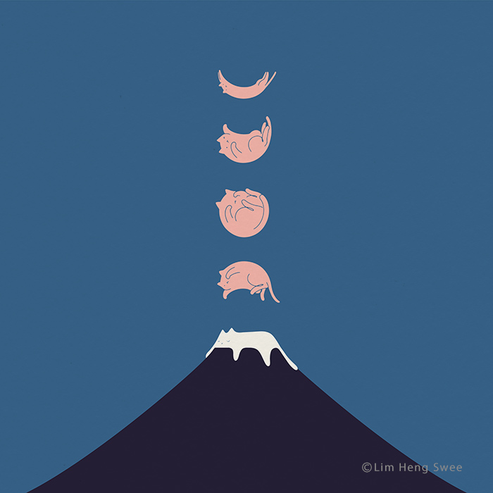 25 minimalistycznych ilustracji, w których koty wtapiają się w krajobrazy i inne sceny