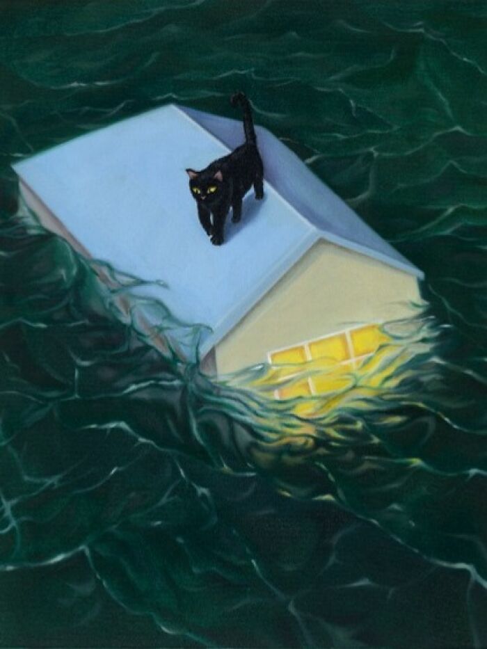 A black cat stands on the roof of a house submerged in dark, wavy water, creating a surreal moment.