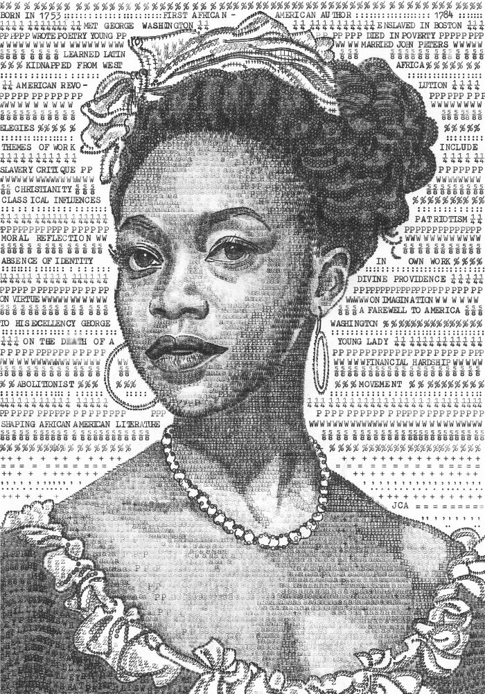 Detailed typewriter art portrait of a woman, made entirely from text characters, showcasing unique artistic expression.
