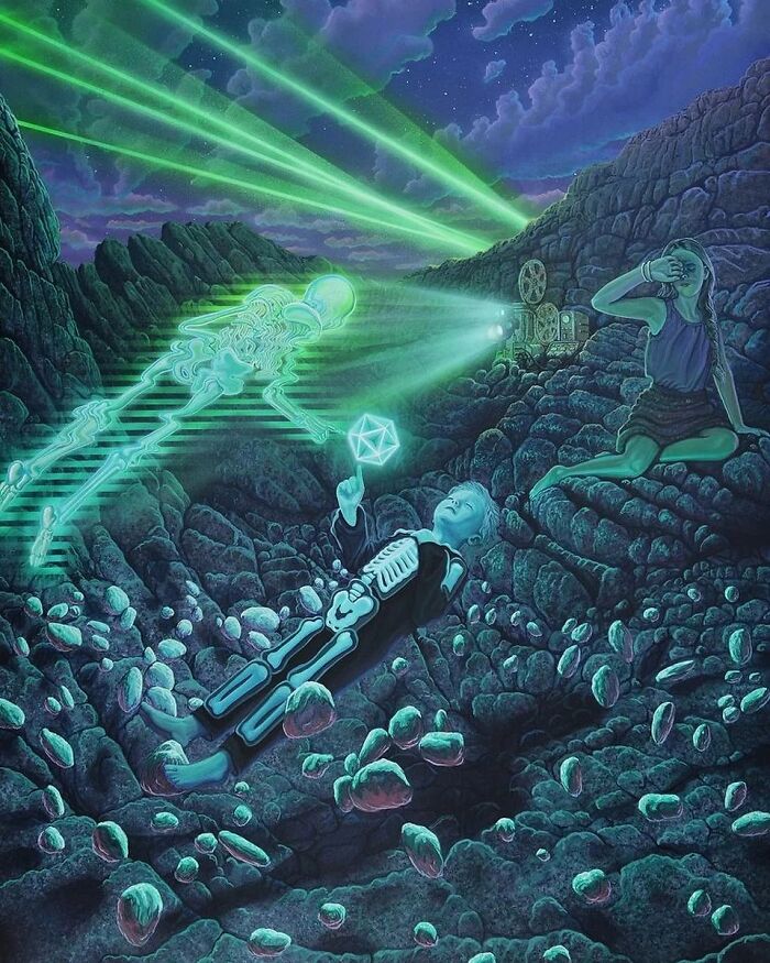 Surreal painting by Wiley Wallace showing green light beams from a projector hitting a skeleton, an alternate reality scene.