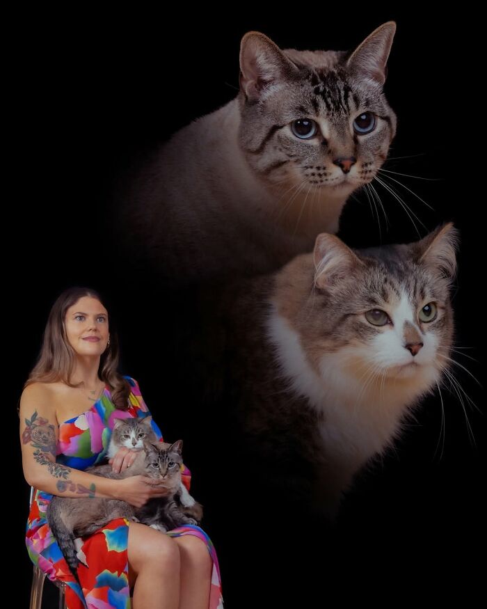 A woman holding two pet cats, with two portraits of cats floating above on a black background, for quirky portraits of pets and their owners.