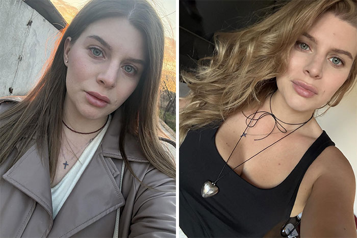 A woman looking completely different after leaving an unhappy marriage, with a before-and-after image showing her transformation.