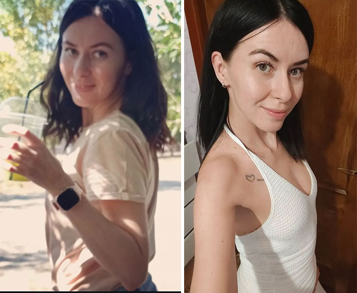 A woman looking completely different after leaving unhappy marriages, before and after.