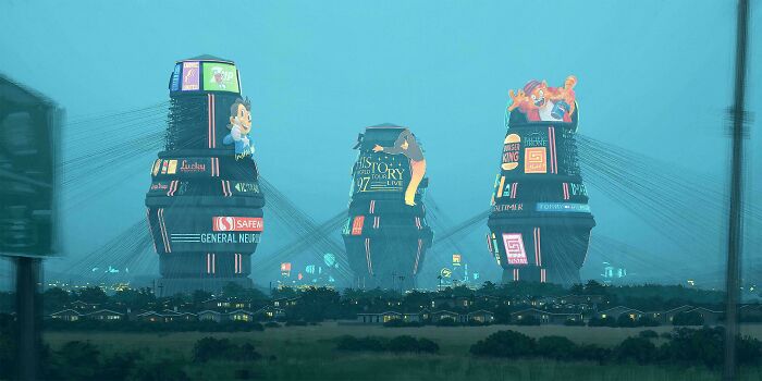 Retrofuturistic image of massive cylindrical buildings with glowing advertisements imagining the future city.