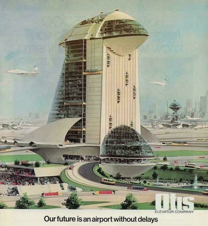 Retrofuturistic image of a futuristic airport with sleek airplanes and a unique, mushroom-shaped tower, imagining the future.