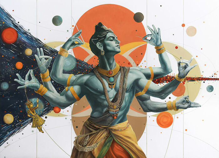 Paintings by Michel Devanakis showcasing a depiction of a multi-armed cosmic deity.