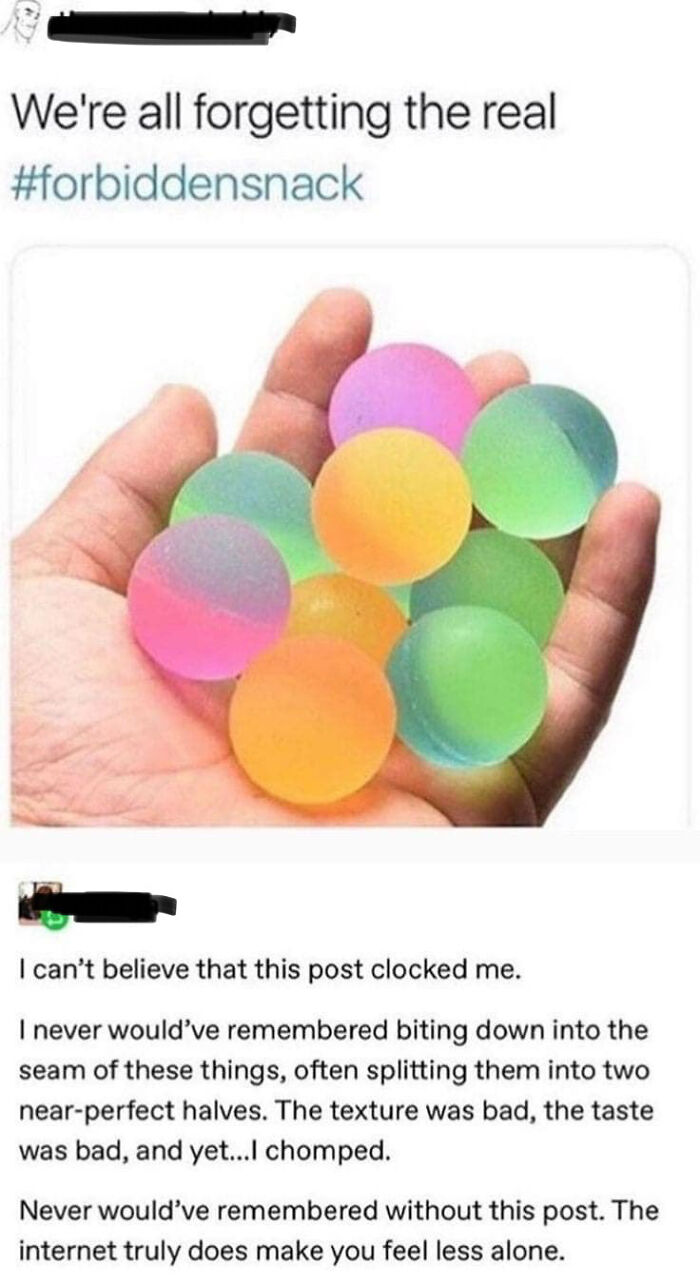 A hand holding colorful bouncy balls, labeled as forbidden snack, reminding of inedible items.