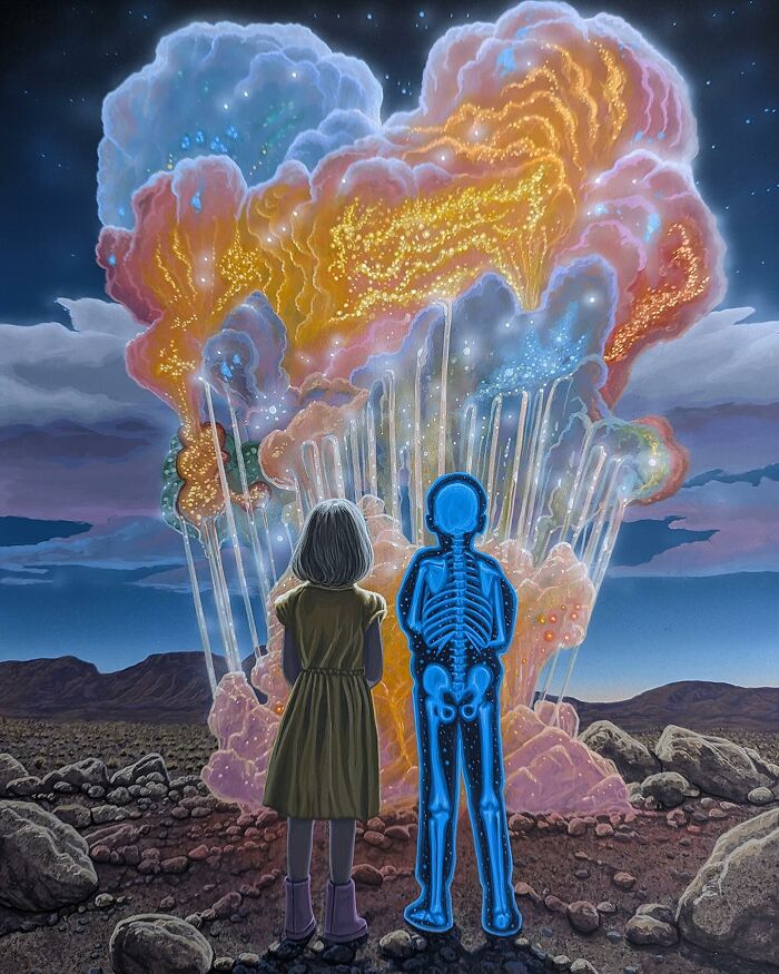 A girl and a glowing skeleton figure gaze at a vibrant, exploding cloud in a surreal painting by Wiley Wallace.