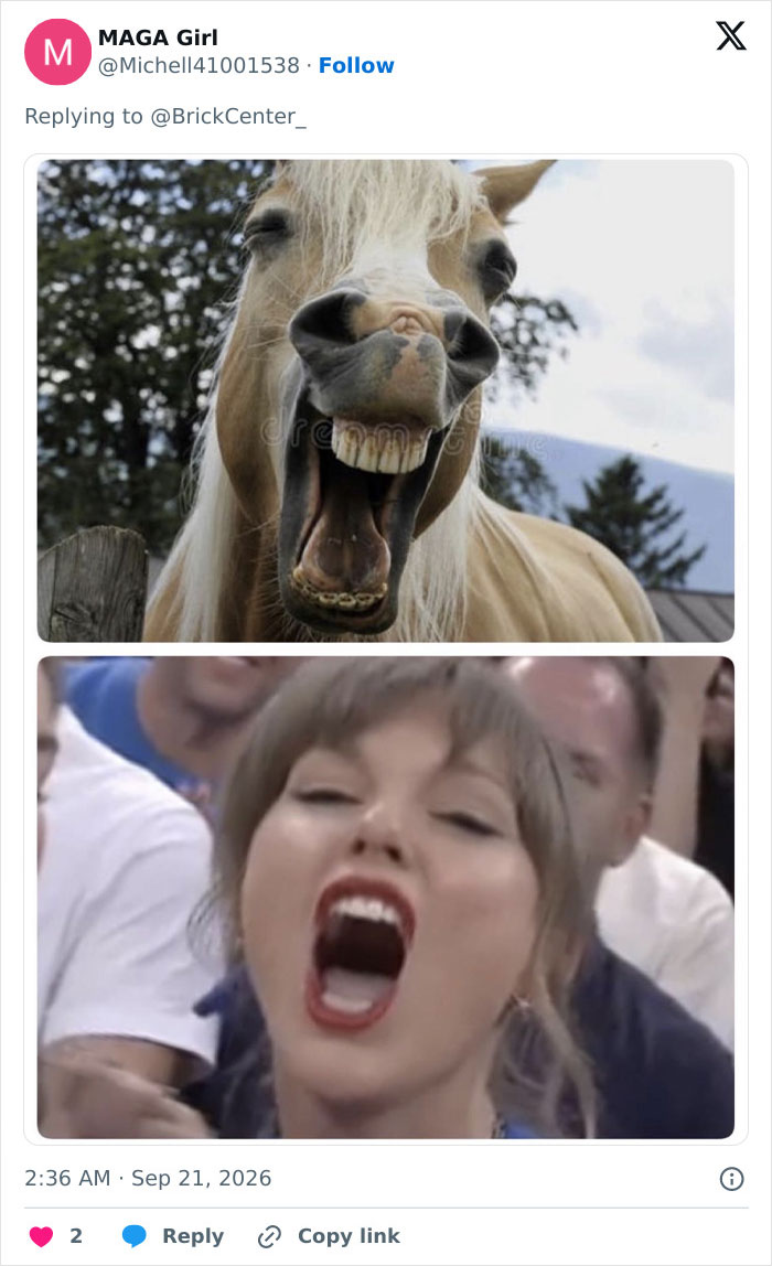 Side-by-side comparison meme of a laughing horse and Taylor Swift with her mouth open wide.