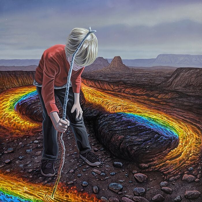 Surreal paintings by Wiley Wallace: A child with a stick touching a vibrant, rainbow-colored lava flow in a barren landscape.