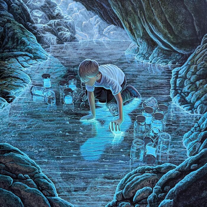 A boy collecting glowing orbs in jars in a cave, a surreal painting by Wiley Wallace depicting alternate realities.