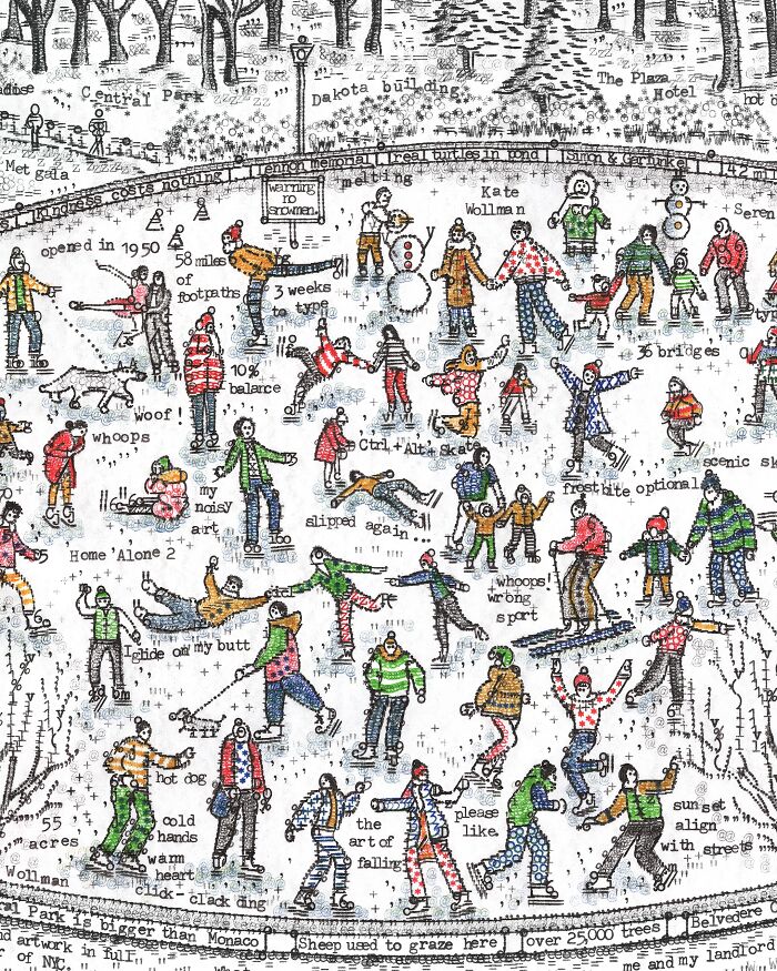 Close-up of vibrant Typewriter Art featuring a bustling ice-skating rink scene with many colorful figures.