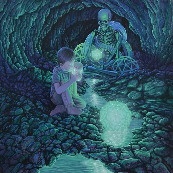 Wiley Wallace surreal painting depicting a child in a cave examining a glowing jar, with a skeletal figure meditating nearby.