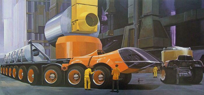 Retrofuturistic image of an oversized truck with a futuristic cab, illustrating past imaginations of the future.