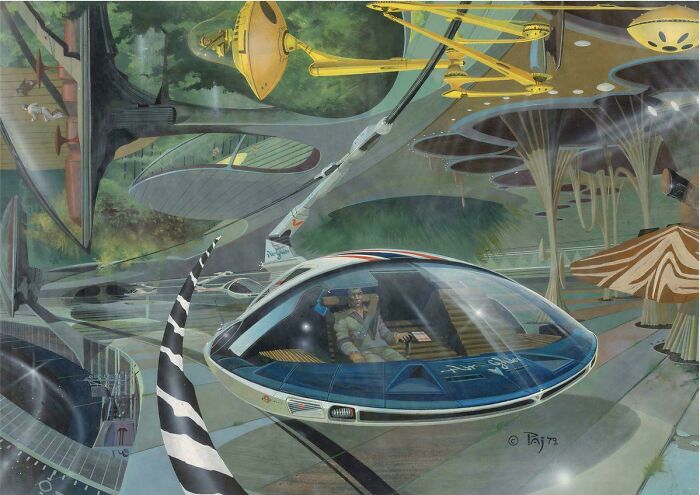 Retrofuturistic image illustrating people in the past imagined a future of flying cars amidst futuristic architecture.