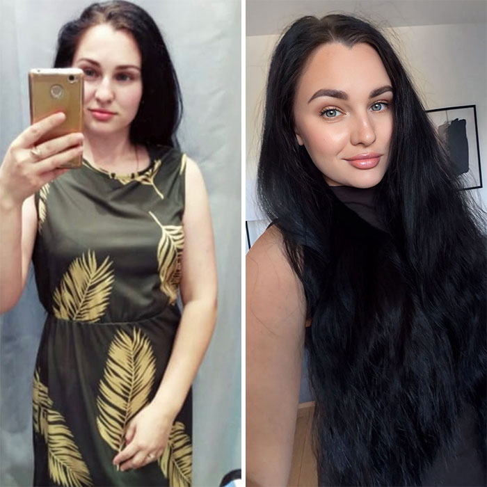 A woman before and after leaving unhappy marriages, looking different with long dark hair and a confident smile.