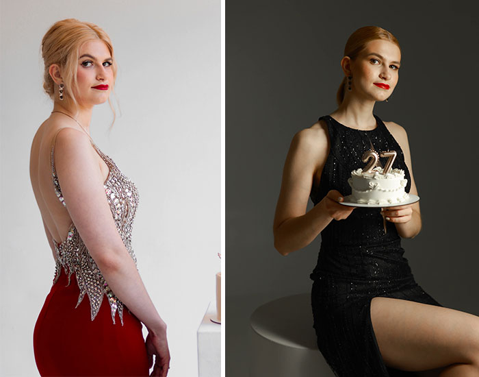 A woman looking completely different after leaving unhappy marriages, showcasing her transformation with vibrant makeup and a birthday cake.