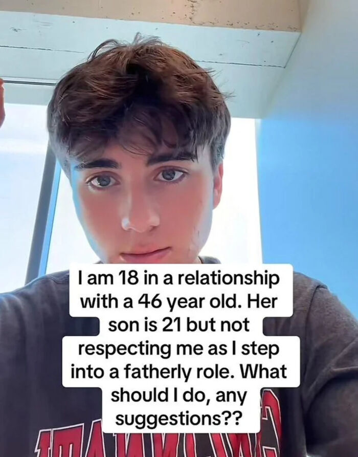 A person looking at the camera with text overlay describing a relationship situation, showcasing online lies.