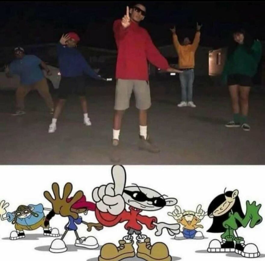 Chaotic pic of people posing like cartoon characters from Kids Next Door, a disturbing comparison.