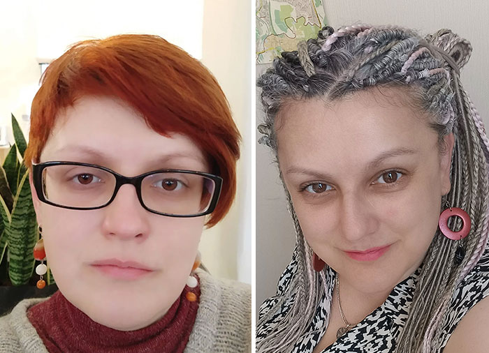 A woman looking completely different after leaving unhappy marriages, showcasing a transformation in hair and style.